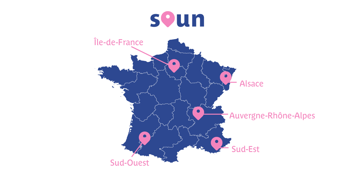 Nous sommes implantés en Île-de-France, Alsace, Auvergne-Rhône-Alpes, Sud-Est et Sud-Ouest.